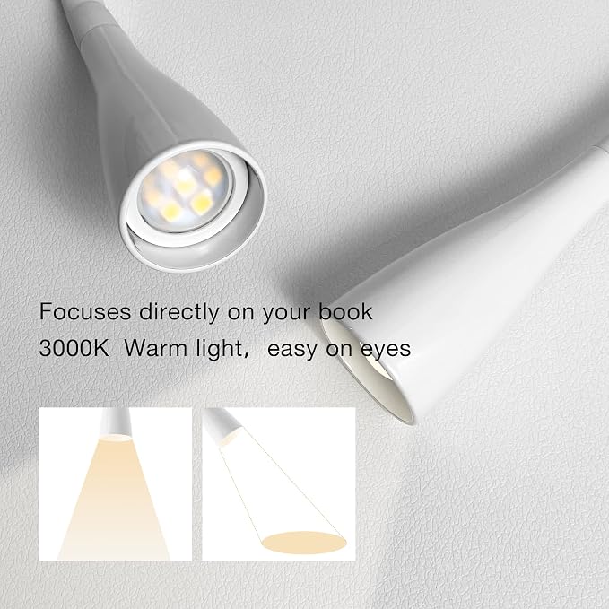 LED Reading Light, Eye-Caring Book Light for Reading in Bed, 360° Flexible Clip on headboard lamp, 5W 3000k Desk Lamp with Clamp for Bedroom, Office, Painting, Workbench and Sewing, White