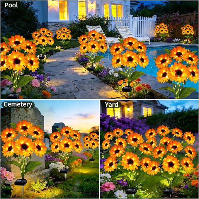 Solar Garden Lights Outdoor, 4 Pack Solar Sunflower Lights with 18 Head 3.5 Inch Flowers, Waterproof Flowers Light Fall Decor Auto ON/Off for Garden Yard Patio Backyard, Gifts for Mom Women
