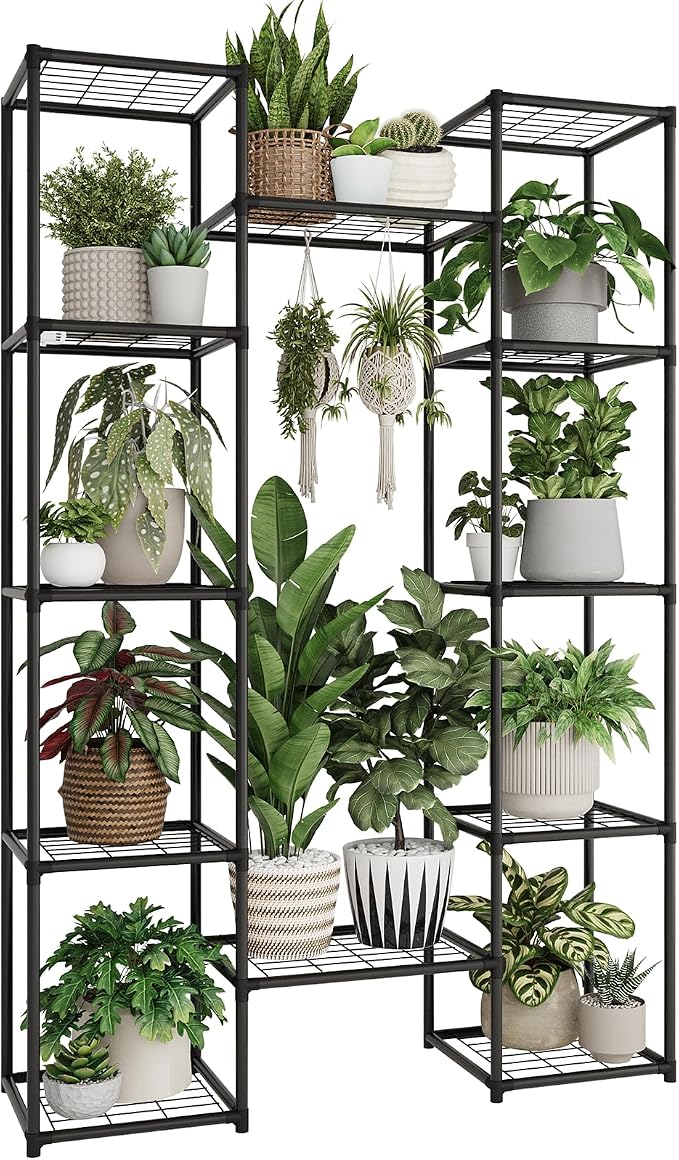 GENTINGBRO Metal Plant Stand Outdoor 62.2" Tall Plant Shelf for Plants 12 Pots Large Plant Sheves for Indoor Plants Living Room Heavy Duty Rack Garden Balcony Patio Hanging Planter