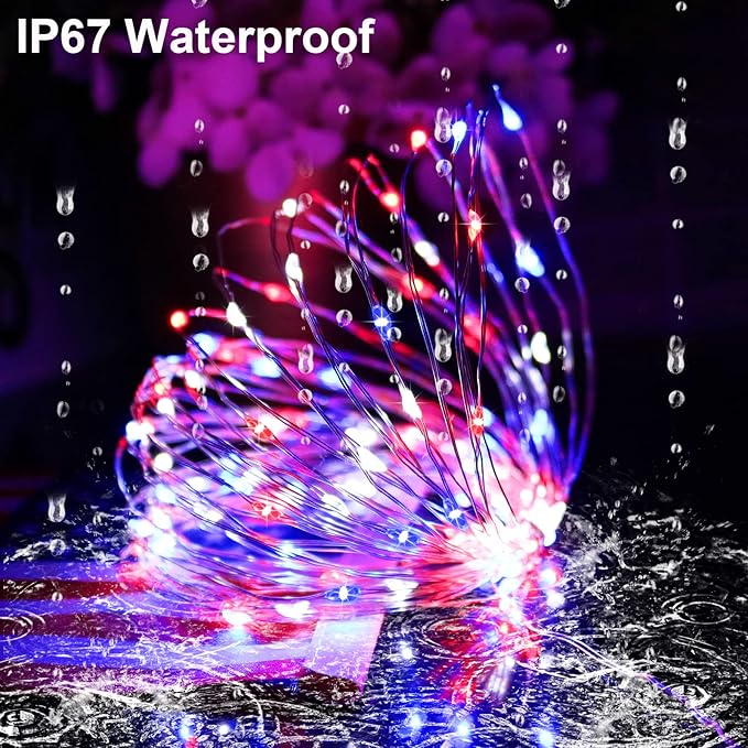 YAOZHOU Memorial Day 4th of July Patriotic Decorations, Red White Blue Solar Fairy String Lights Outdoor Waterproof, 2Pack Total 200LED 66Ft, IP67 8 Modes Outside for Garden, Patio, Yard