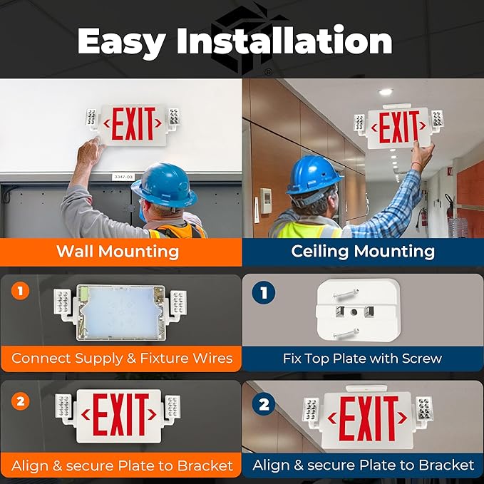 LFI Lights® Thin COMBO UL 924 Listed, Red LED, Exit Sign with Emergency Lights, White, 120-277VAC Hardwired with Battery Backup, Optional Double Face and Knock Out Arrows COMBOTRWBB (2)