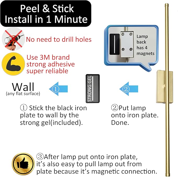 Set of 2 Rechargeable Gold Wall Sconce Peel and Stick Easy Mount | Battery Powered Cordless Picture Lights, Home Decor Linear Wall Sconces for Bedroom Living Room Hallway (28.3'')