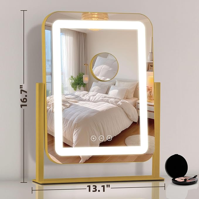 13.1"×16.7" Vanity Mirror with Lights, LED Makeup Mirror | Smart Touch, 3 Dimmable Colors, Memory Function, 10X Magnifying, for Desk, Bedroom, Dorm, Vanity