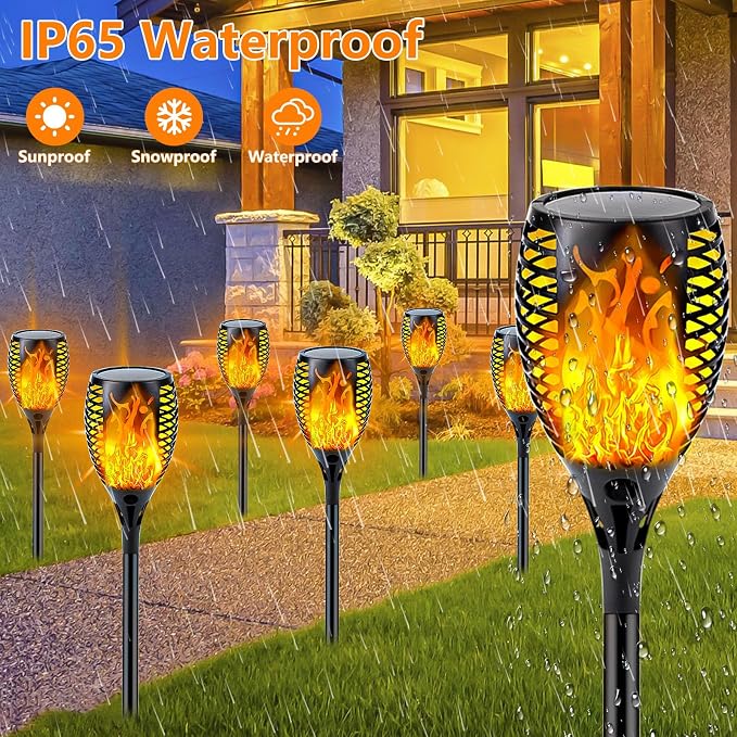 Solar Torch Lights with Flickering Flame Larger Size Solar Flame Lights | 4 Pack Upgraded Solar Lights Outdoor for Halloween Decor, Waterproof Solar Tiki Torches Outdoor for Garden Yard Pathway Patio