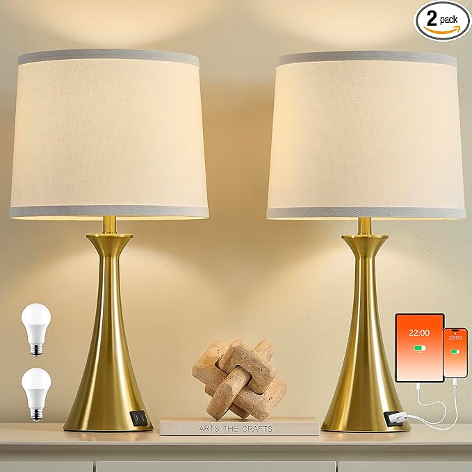 Touch Lamp for Living Room Bedroom, 21" Table Lamps Set of 2 with USB C+A Ports and White Lamp Shades, 3 Way Dimmable Gold Touch Bedside Lamps for Nightstand, 2 LED Bulbs Included