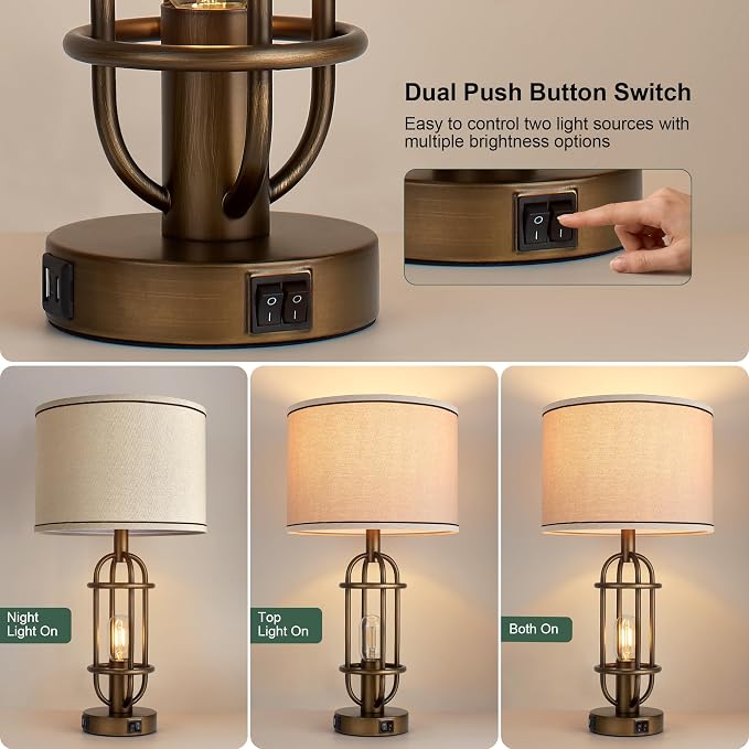 Reaketon Table Lamps for Living Room Set of 2, 22.3" Farmhouse Lamps for Nightstand, Industrial Table Lamps for Bedroom with USB Ports