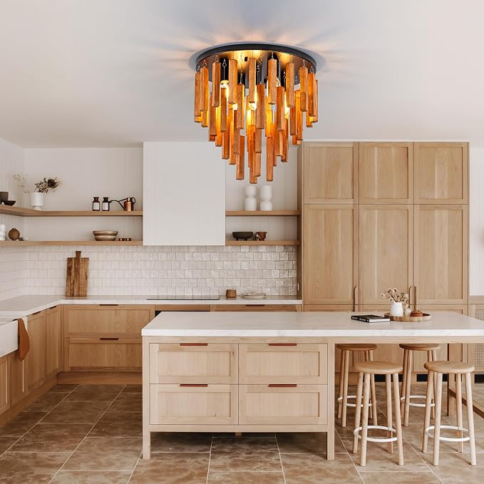 16.6" Farmhouse Ceiling Light, 5-Light Wood Chandelier, Rustic Light Fixture with Wood and Black Metal Finish, Farmhouse Semi Flush Chandelier for Bedroom, Hallway, Entryway, Kitchen
