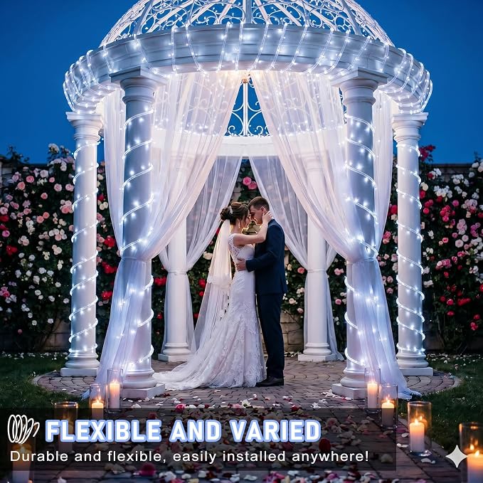 Rope Lights for Outside, 33FT 100 LED Christmas Lights Outdoor, Cool White | Waterproof 8 Modes Plug in Connectable Tube Lights Indoor for Garden Patio Pool Classroom Landscape Party Decorations