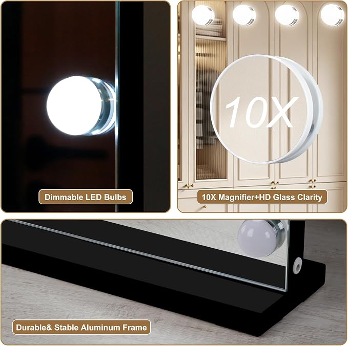 Ratsamee Black Hollywood Vanity Mirror with Lights, 17 Dimmable Bulbs, 3 Color Lights,Make Up Lighted Mirror, Aluminum Metal Frame, USB Charging Port（28" x 20"）