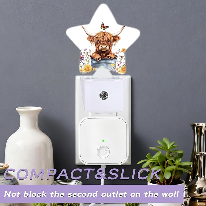 Night Light,Highland Cow Night Lights Plug into Wall Butterfly Flowers Decorations for Bedroom Bathroom,Dusk to Dawn Sensor Kitchen Hallway Stairs Energy Efficient Desk Lamp