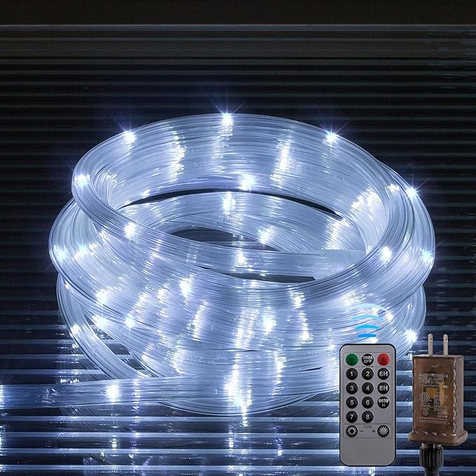 Ripple Tube LED Rope Lights with Remote Control - 8 Modes, 360° Glow,Waterproof for Outdoor/Indoor,Garden,Wedding,Pool,Patio,Christmas Decor (White, 33ft)