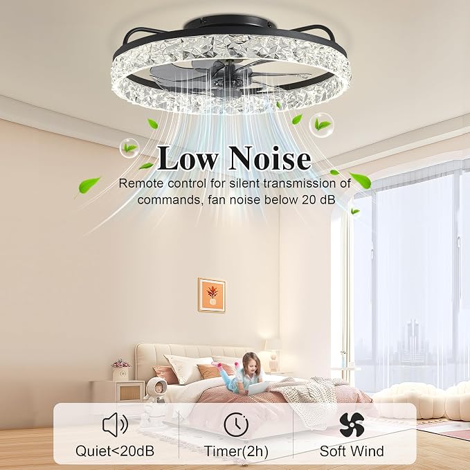 Ceiling Fans with Lights and Remote Fandelier - White 20'' Flush Mount Low Profile Modern Ceiling Fans for Bedroom - Stepless Color Temperature and 6 Speeds, White