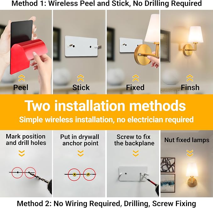 Vimhou Peel and Stick Wall Sconces, Stick On Wall Sconce Set of 2, Battery Operated Wireless Wall Light, No Drill Adhesive Wall Lamp, Corn Bulb with 10000mAh Rechargeable Battery, Bedroom Wall Decor
