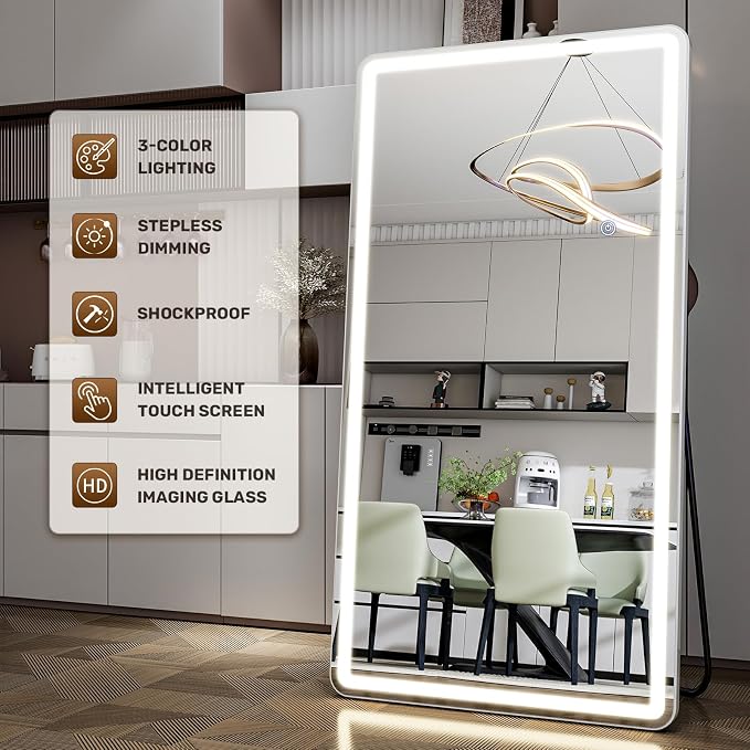 Easly 76"x 34" Full Length Mirror with Lights, LED Lighted Floor Standing, Hanging Full Length with Stand, Full Body Dressing Mirror with Dimmable 3 Color LED