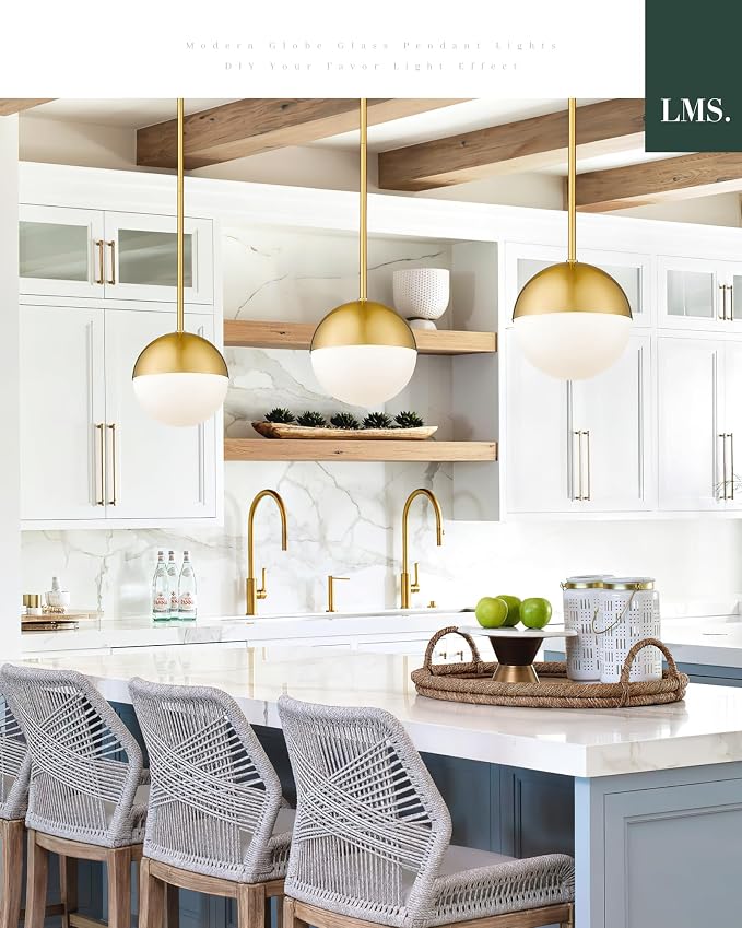 2-Pack Brushed Gold Pendant Lights, Modern Pendant Light with Milky Globe Glass Shade, Adjustable Hanging Lighting Rod for Kitchen Island Dining Room Bedroom, LMS-186BG2PK