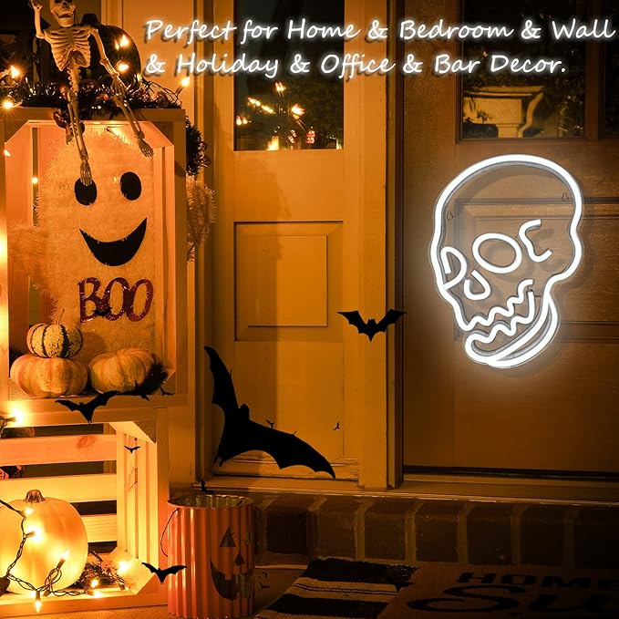 Halloween Decoration Skull Neon Sign, White LED Skull Shape Neon Wall Light Signs Decor, Wall Night Lights Cool Neon Sign Decor for Room Bedroom Bar Christmas Halloween Birthday Party Supply