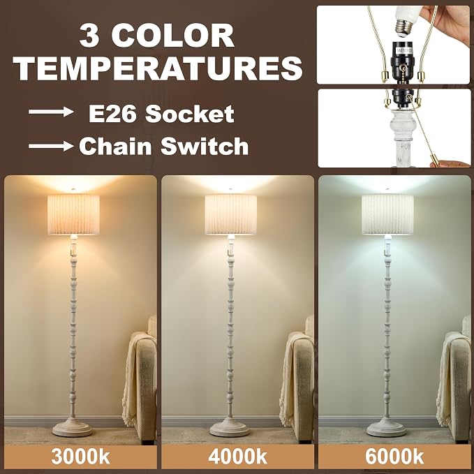 63.5'' Floor Lamps for Living Room, Farmhouse Floor Lamp for Bedroom with 3 Color Temperatures, Vintage Standing Lamps for Living Room, Living Room Light, Chain Switch, Bulb Included, White