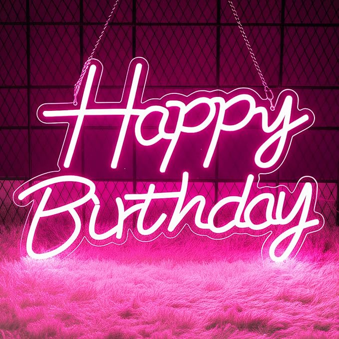 Happy Birthday Neon Sign for Backdrop, LED Happy Birthday Light Up Sign, USB Powered Dimmable Neon Light for Birthday Party Decorations, Wall Decor, Pink, 16.5 x 12 inch