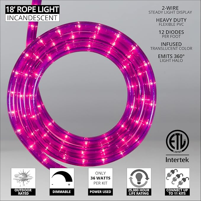 Wintergreen Lighting 18' 216-Bulb Heavy Duty Purple Incandescent Rope Light Kit – Light Rope Outdoor Halloween - Includes Clips and Power Cord, 120V