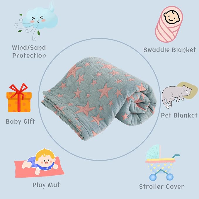 NTBAY 3 Layer Oversized Muslin Toddler Blanket, 45 x 60, Red and Blue Star | Muslin Cotton Outer Layers with Light Thermal Fiber Fill, Reversible Blanket for Daycare, Travel, Naps, and Supervised Use