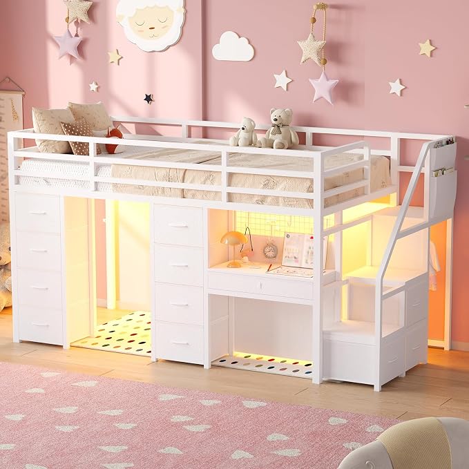 Twin Loft Bed with Desk, 12 Drawers, RGB Lights & Wide Step Stairs, White | Built-in Power Outlet, Clothes Rack, Pockets, Display Grid, Under Bed Play Fort, 11.8''H Safety Guardrail & Ladder