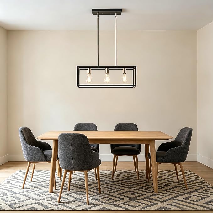 Farmhouse Kitchen Island Lighting, Modern Industrial Chandelier, 3-Light Black&Brushed Nickel Linear Rectangular Pendant Light Fixtures for Farmhouse Kitchen Dining Room Bar Foyer