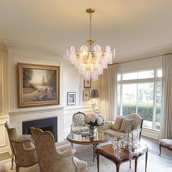 7PM Modern Gold Glass Chandelier, 5-Layer Antique Crystal Chandeliers 12 Light Round Pendant Ceiling Fixture 59" Hanging Adjustable Chain for Foyer, Living Room, Bedroom, Dining Room 27.5 inch