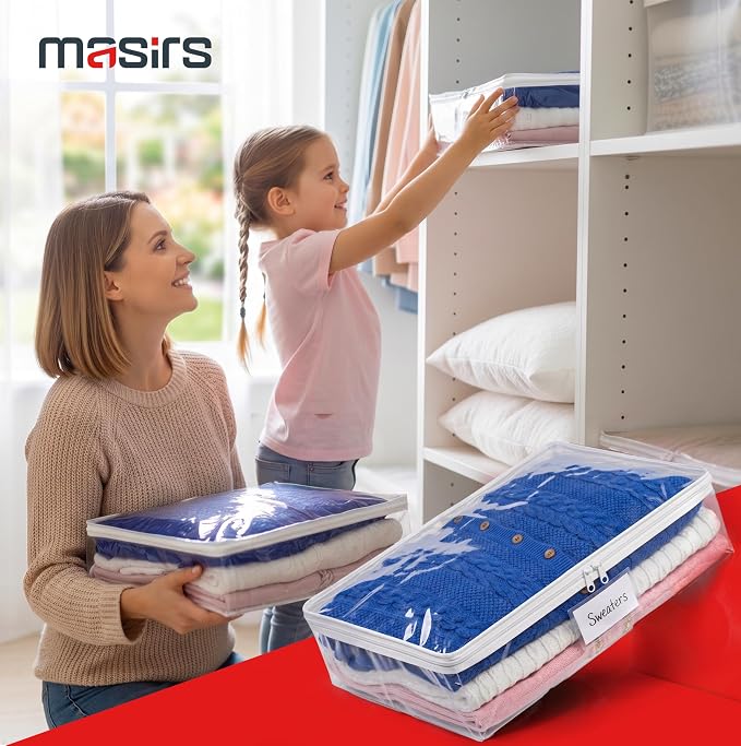 Masirs Clear Sweater Storage Bags 2-Pack – Zippered Vinyl Organizers with Label Pocket, Durable Dustproof Clothing Storage for Sweaters, Blankets, Linens, Underbed & Closet Use