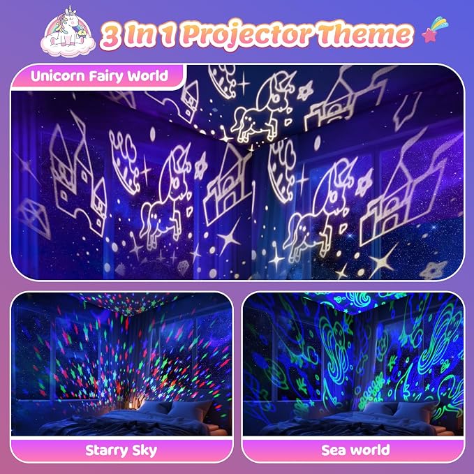 Unicorn Night Light Kids Toys, Birthday Gifts for 3 4 5 6 7 8 9 10 Years Old Girls, 3 in 1 Unicorns & Starry Sky & Sea World Night Projector for Kid Ages 3-12, Night Lamp for Bedroom Decor