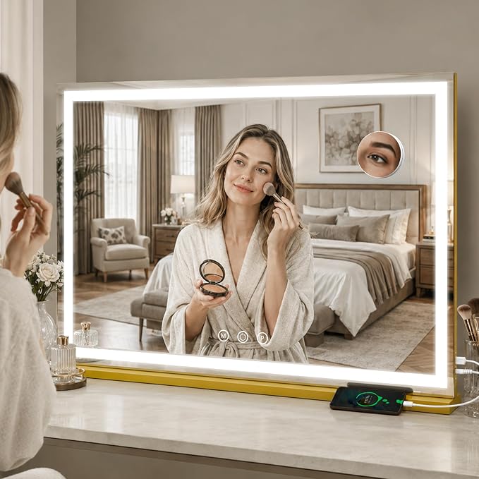FENNIO Large Vanity Mirror with Lights，35.5" x 27" LED Makeup Mirror，Hollywood Mirror with 3 Color Modes & Adjustable Brightness，Vanity Mirror Square Gold