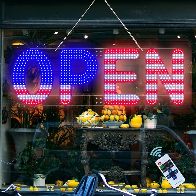 40"x14" Open Sign, LED Open Sign for Business with Remote Control, Ultra Bright Dimmable with 3 Scene Modes, Large Illuminated Sign for Storefront Window, Cafe, Bar, Restaurant, Salon (US Flag Design)