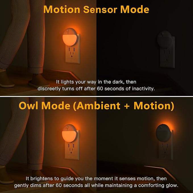 Amber Night Lights Plug into Wall, Motion Sensor Nightlight, 2 Pack | 3 Modes, Dimmable, Soft Glow 1-15lm, Auto Dusk to Dawn Sensor, Plug in LED Lights for Bedroom, Sleep, Bathroom, Nursery, Kids