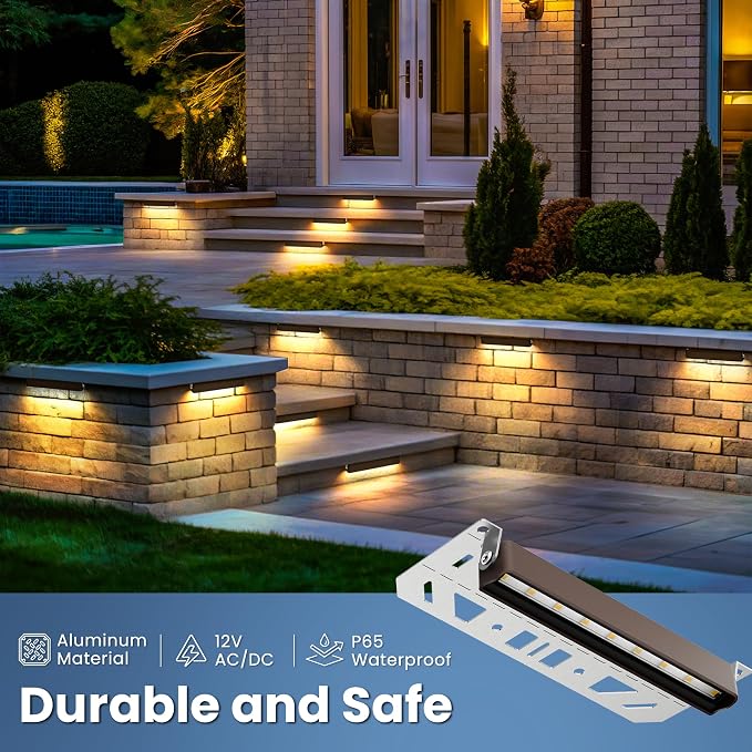 Retaining Wall Lights, Low Voltage Landscape Outdoor Step Lighting 12 Pack | 7 Inch LED Hardscape Lighting Waterproof, 12V Low Voltage Landscape Outdoor Lights for Patio Stairs Deck 2700K, 270° Rotate