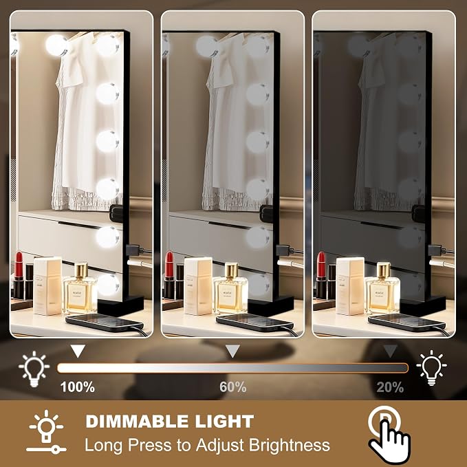 Ratsamee Black Hollywood Vanity Mirror with Lights, 17 Dimmable Bulbs, 3 Color Lights,Make Up Lighted Mirror, Aluminum Metal Frame, USB Charging Port（28" x 20"）