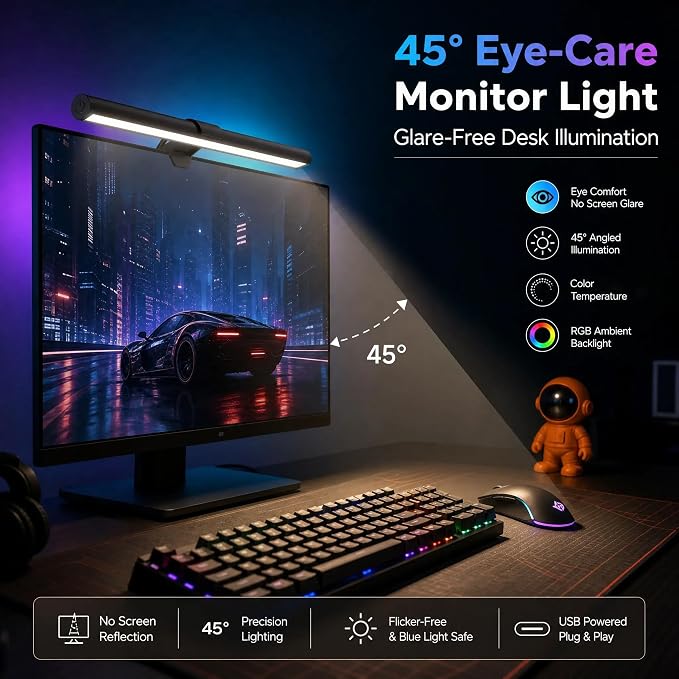 Lpraer Monitor Light Bar, 16'' Computer Monitor Lamp for Home Office Gaming,Touch Control USB Reading Desk Lamp with Stepless Dimming for Flat & Curved Monitor