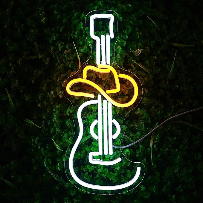 Guitar Neon Signs for Wall Decor Cowboy Hat Neon Lights Music LED Neon Signs White Neon Light Sign for Studio KTV Band Bar Art Man Cave Bedroom Shop Wall Decoration(16.9"*7.4")