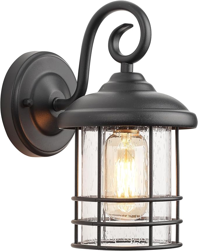 MICSIU 5.5" Wide Black Single Outdoor Porch Light, 9.8" H Modern Farmhouse | Seedy Glass Outside Fixture, Vintage Round Outdoor Wall Sconce For Small Sidelight, Front Door, Garage