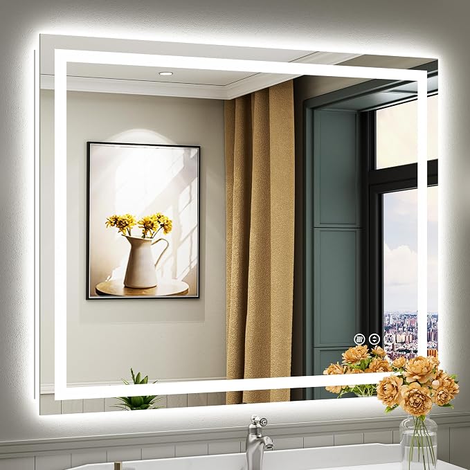 48x40 Inch LED Bathroom Mirror with Lights, Backlit & Front Lit | Anti-fog, 3 Color Dimmable, Memory Function, HD Reflection Tempered Glass, ETL Listed, IP54 Waterproof