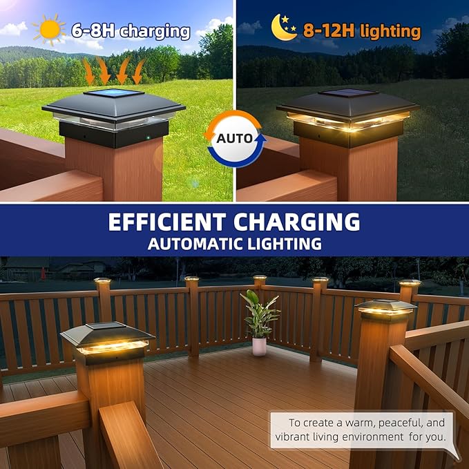 APONUO 8 Pack Fence Post Solar Lights, 2 Modes(Warm/Cool Light) Outdoor Waterproof 4x4 Post Solar Lights, Solar Powered Garden, Patio, Deck Decor for 4x4, 5x5, 5.5x5.5 Wood & Vinyl Posts, Black