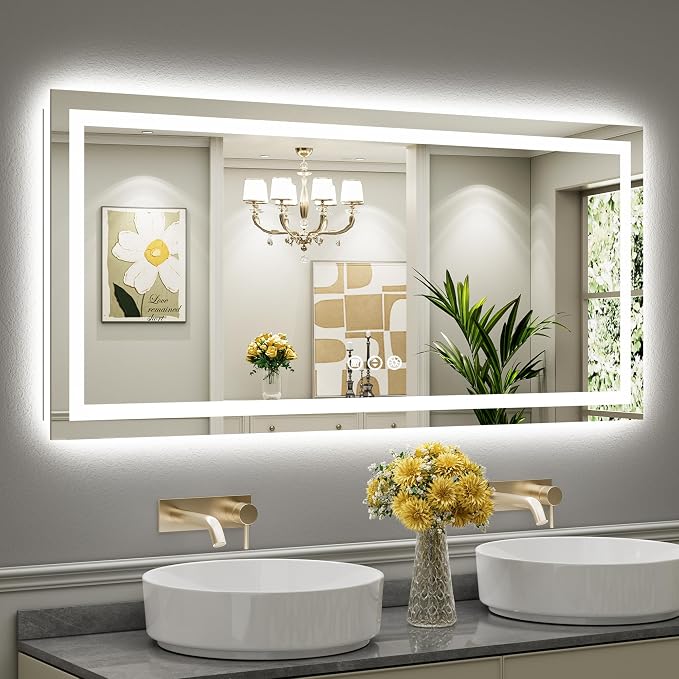 60x28 Inch LED Bathroom Mirror with Lights, Backlit & Front Lit | Anti-fog, 3 Color Dimmable, Memory Function, HD Reflection Tempered Glass, ETL Listed, IP54 Waterproof