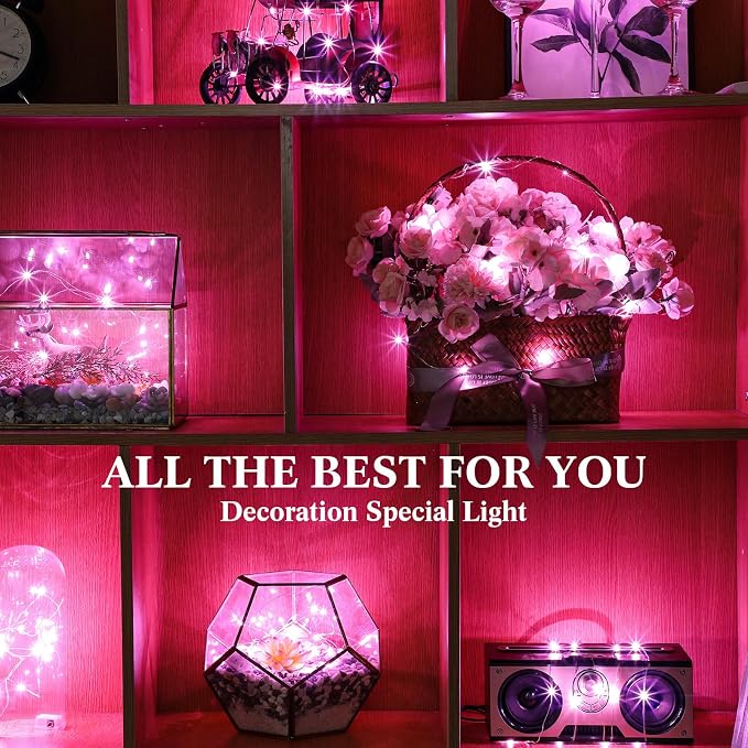 100 Packs Fairy Lights Battery Operated 3 Speed Modes, 7 Ft/ 2 M 20 LED Battery String Mini Waterproof Wire Twinkle Lights Bulk for Wedding Party Birthday Vases Decor (Pink Light)