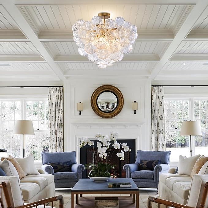 Semi Flush Mount Bubble Ball Chandelier Lighting 20 Inch Gold Clear Ribbed Blown Glass Chandeliers Ceiling Light Fixtures for Bedroom, Living Room, Entry, Bathroom