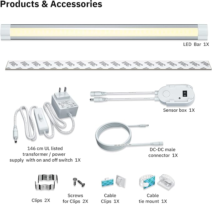 Under Counter Lighting Plug in LED Under Cabinet Lights for Kitchen,Shelf,20Inch Slim Undercabinet Lights,Manual Sensor Dimming,6000K Cold White,Over Sink,Underdesk,Work Table Lighting Bars,1pcs