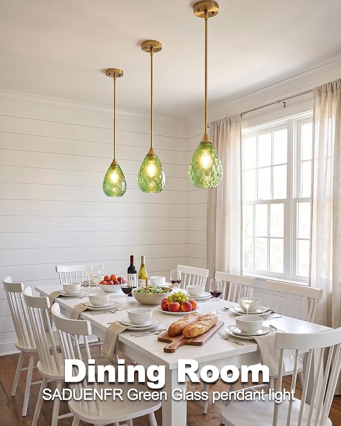 Brushed Gold Pendant Lights Kitchen Island 2 Pack, Modern Glass Pendant Light Fixtures with Hammered Green Glass and Rods, Adjustable Brass Hanging Light for Kitchen Sink Dining Room Bathroom