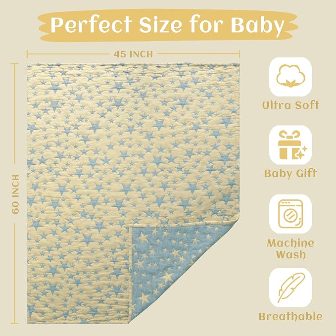 NTBAY 3 Layer Oversized Muslin Toddler Blanket, 45 x 60, Blue Yellow Star | Muslin Cotton Outer Layers with Light Thermal Fiber Fill, Reversible Blanket for Daycare, Travel, Naps, and Supervised Use