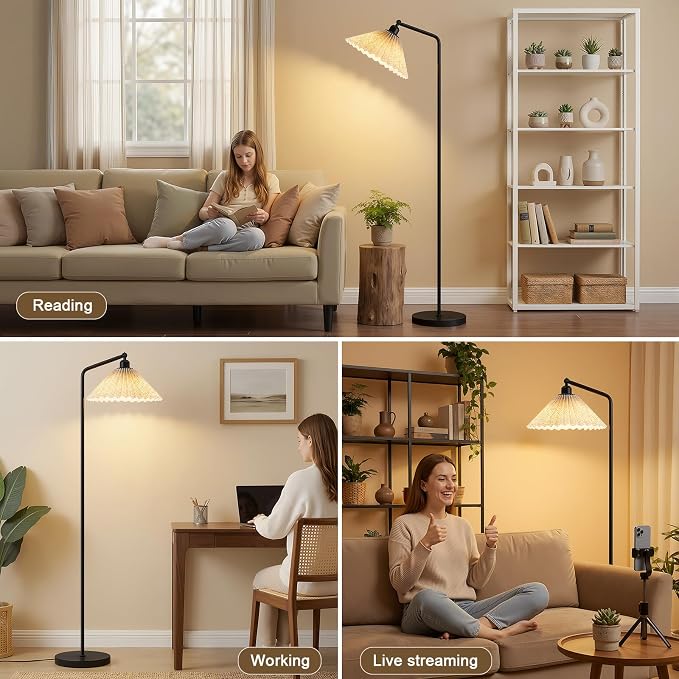Floor Lamps for Living Room & Bedroom, 63" Modern Tall Standing Lamp, 3CCT | Rustic Pole Lamps for Home Office, Classroom, Bedside, Pleated Lampshade, Foot Switch, Easy Assembly (Bulb Included)
