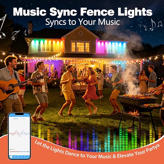 Outdoor Fence Lights Plug in, 100FT LED Fence Lights, App & Remote Control, 100 Scene Modes, IP67 Waterproof Outdoor Lights for Backyard, Patio, Deck - Brighter Than Solar Lights