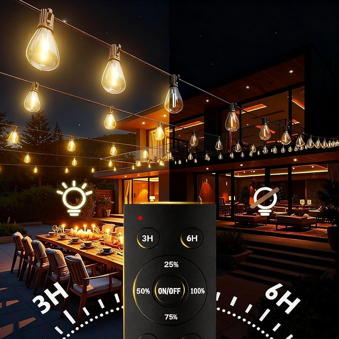 REEMEER 100FT LED Outdoor String Lights with Remote, Dimmable Timing 3 Light Modes Outside Patio Lights for Backyard Porch Deck Garden Balcony Pool Party Hanging Lighting Decor