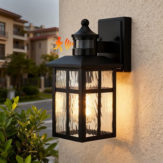 Outdoor Wall Lights Exterior, Dusk to Dawn Motion Sensor Outdoor Lighting Fixture with Water Glass, 12 in. H 1-Light Matte Black Waterproof Wall Lantern Light for Patio Garden Garage Entryway