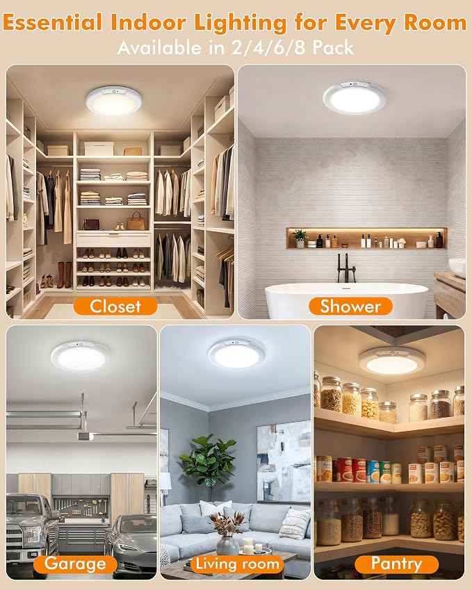 Rechargeable Ceiling Light 6 Pack, Magnetic Motion Sensor with Remote | Wireless Dimmable Battery Operated LED Ceiling Lights for Closet Shower Bathroom Hallway Pantry Shed Porch Stairs